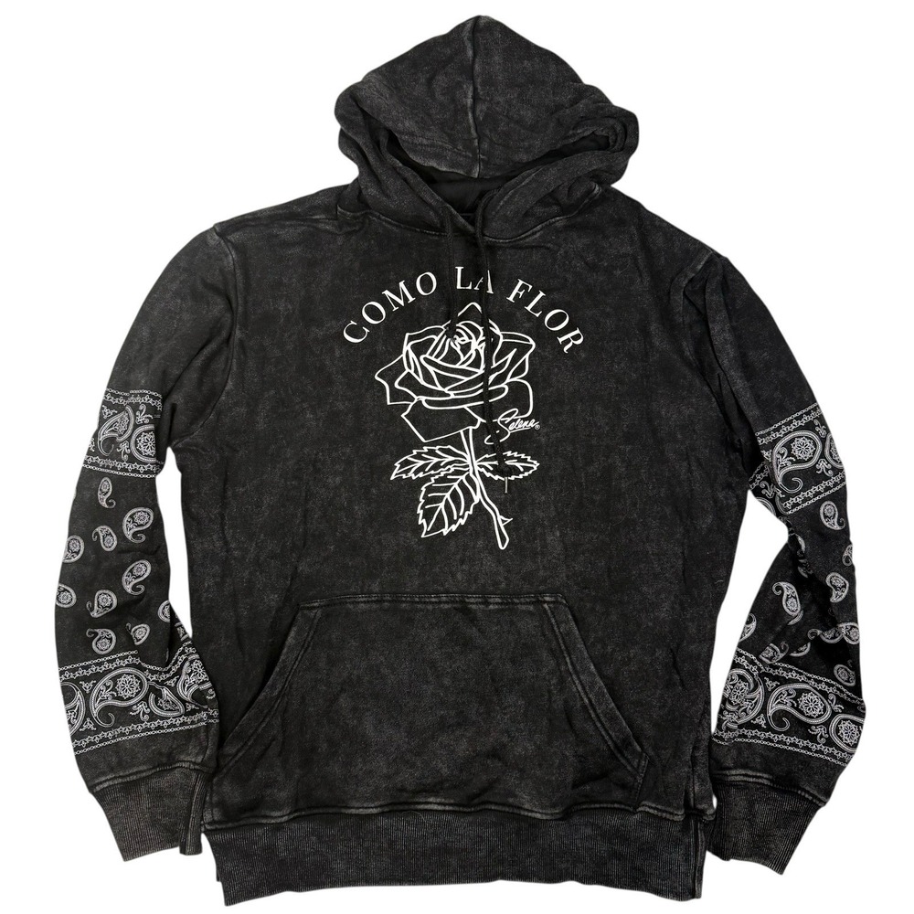 Selena Como La Flor Hoodie Mens Medium Pullover Sweatshirt Black Paisley Latin